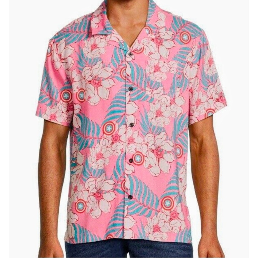 Marvel Captain America Pink Floral Button Up Shirt Hawaiian Vacation‎ 3XL